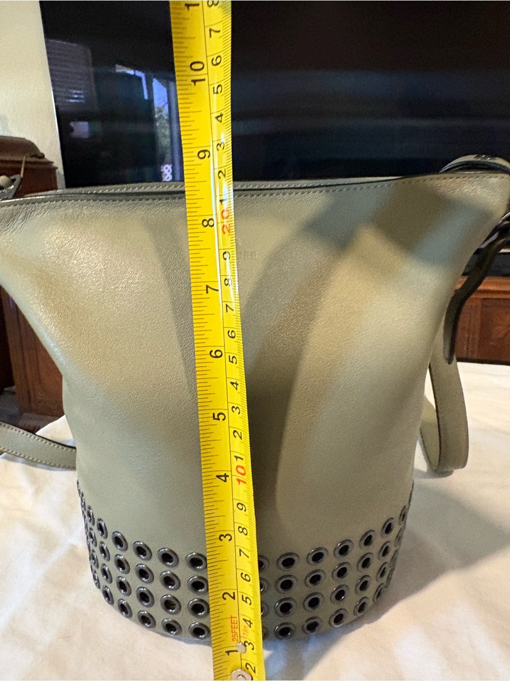 Coach Bleecker Grommets Olive Grey Leather Crossbody Bucket Bag - Picture 9 of 12